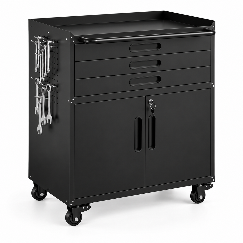 KAER Rolling Tool Cabinet with 3 Drawers, Lockable Doors & Pegboard Sides