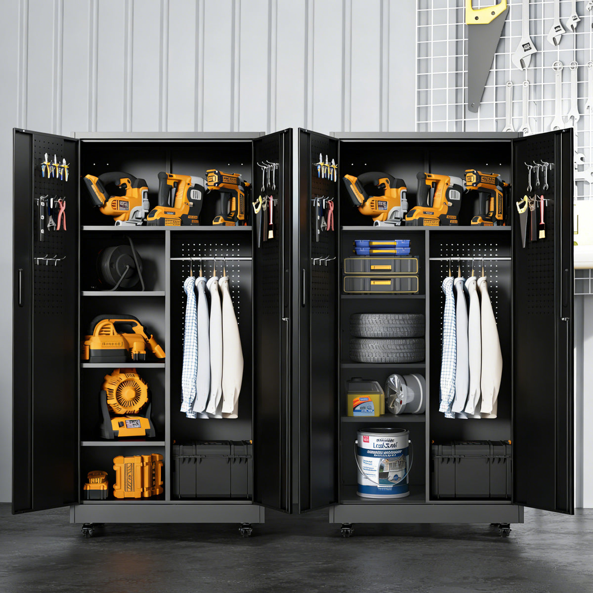 KAER Metal Garage Storage with Pegboard Doors, Hanging Rod & Wheels