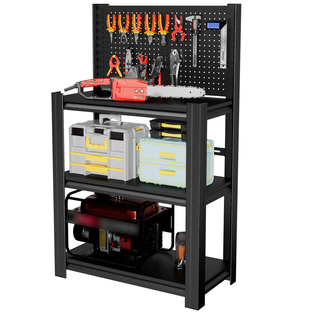 KAER 3‑Tier Metal Storage Shelving Unit with Pegboard