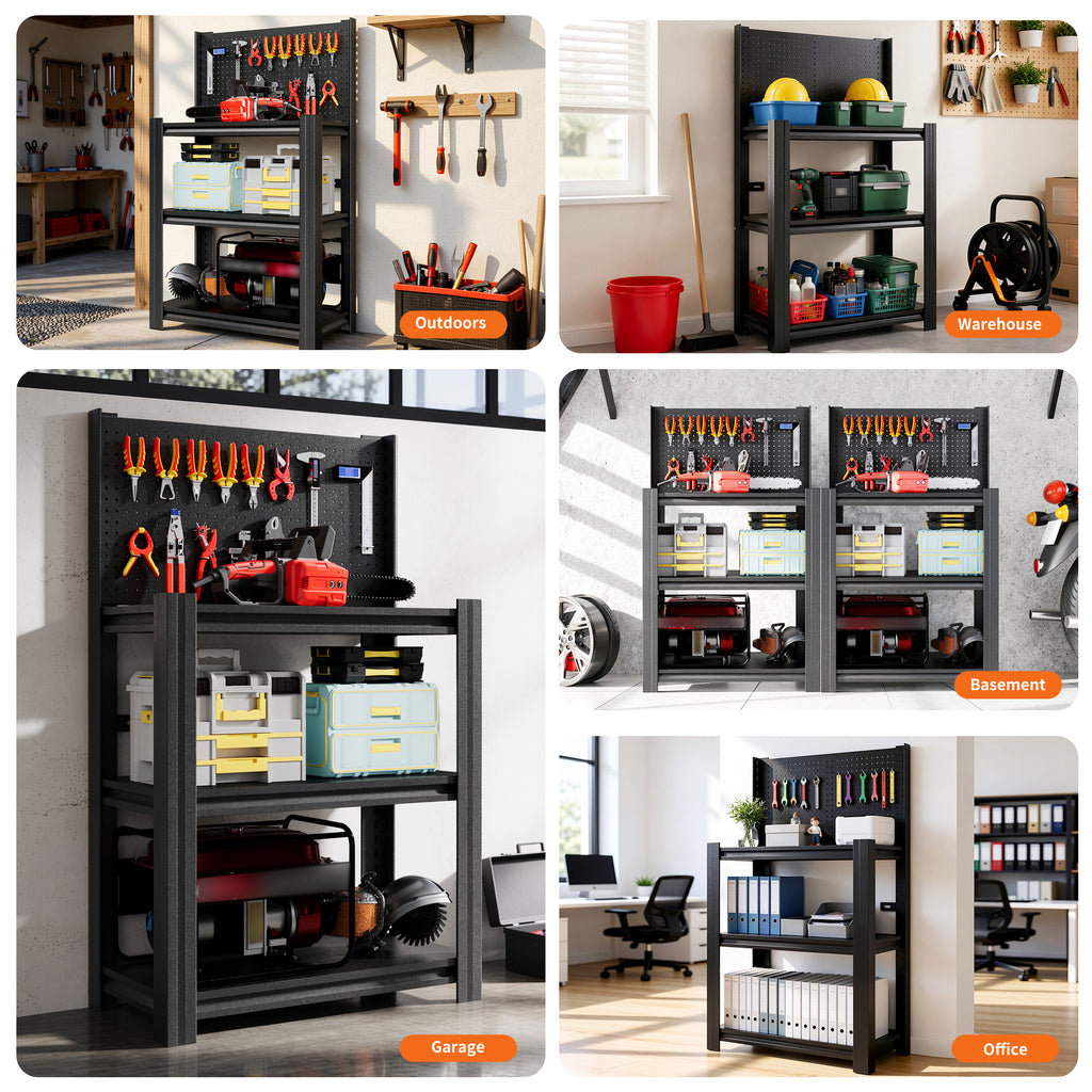KAER 3‑Tier Metal Storage Shelving Unit with Pegboard