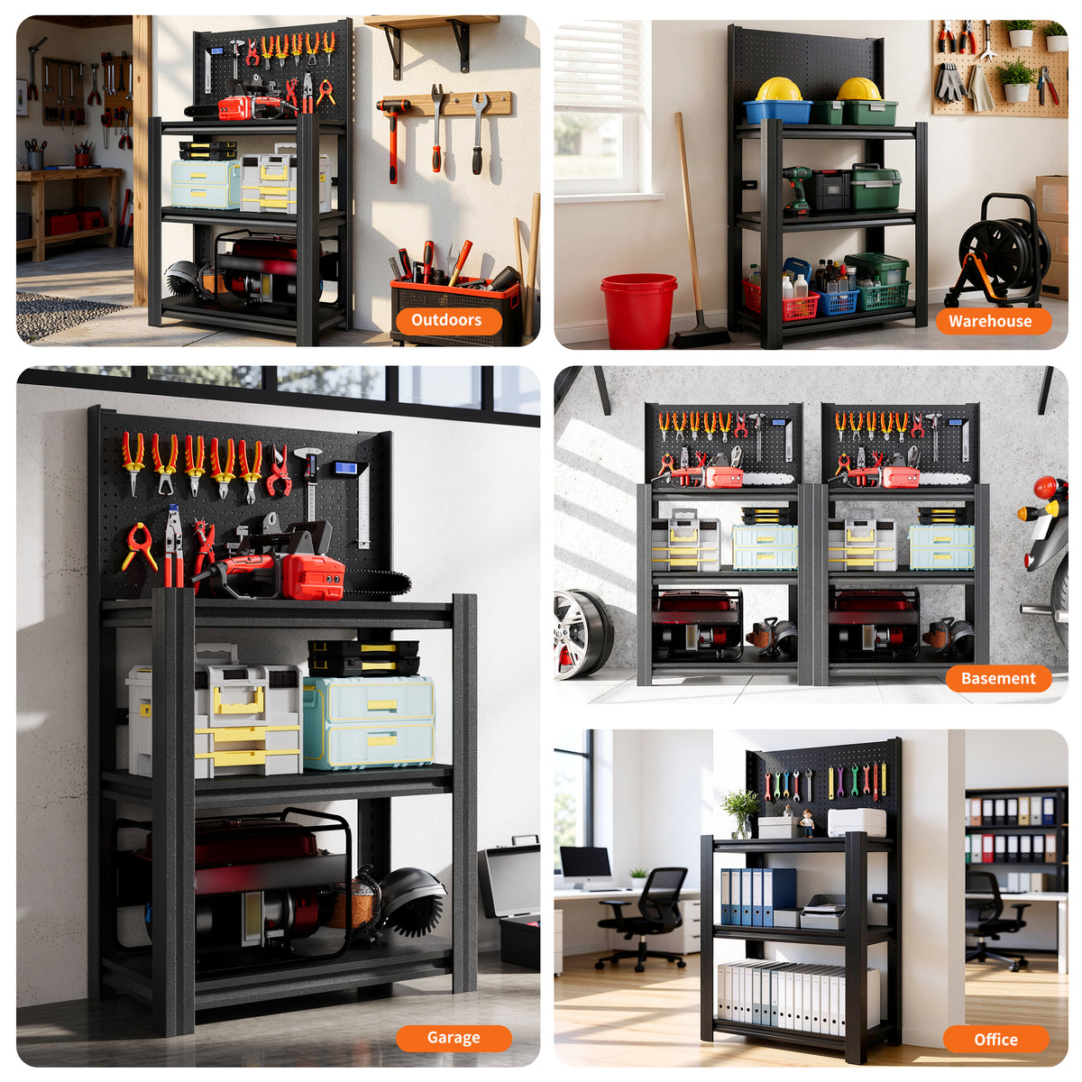 KAER 3‑Tier Metal Storage Shelving Unit with Pegboard
