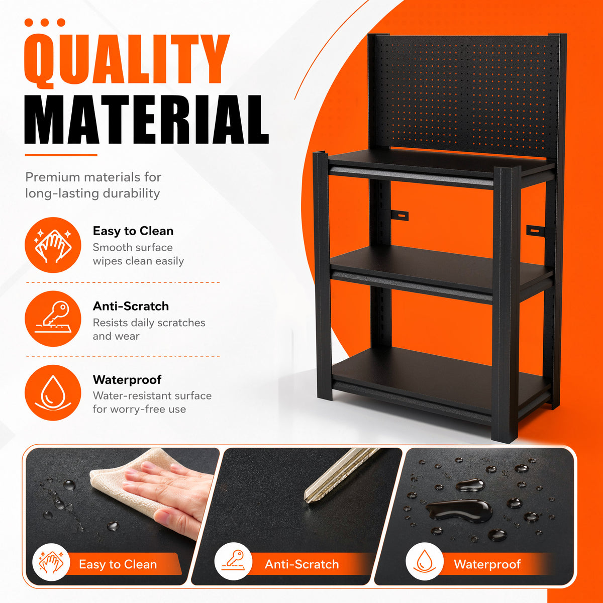 KAER 3‑Tier Metal Storage Shelving Unit with Pegboard