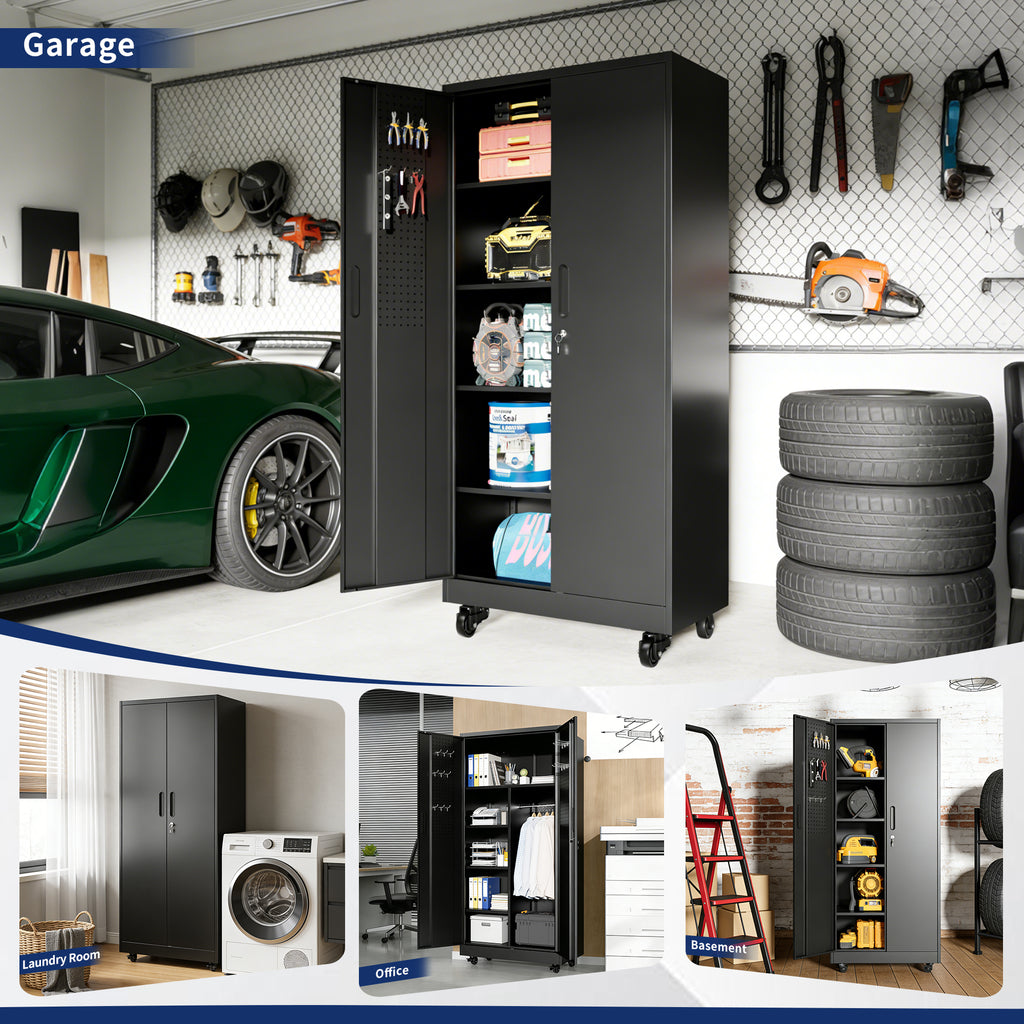 KAER Metal Garage Storage with Pegboard Doors, Hanging Rod & Wheels