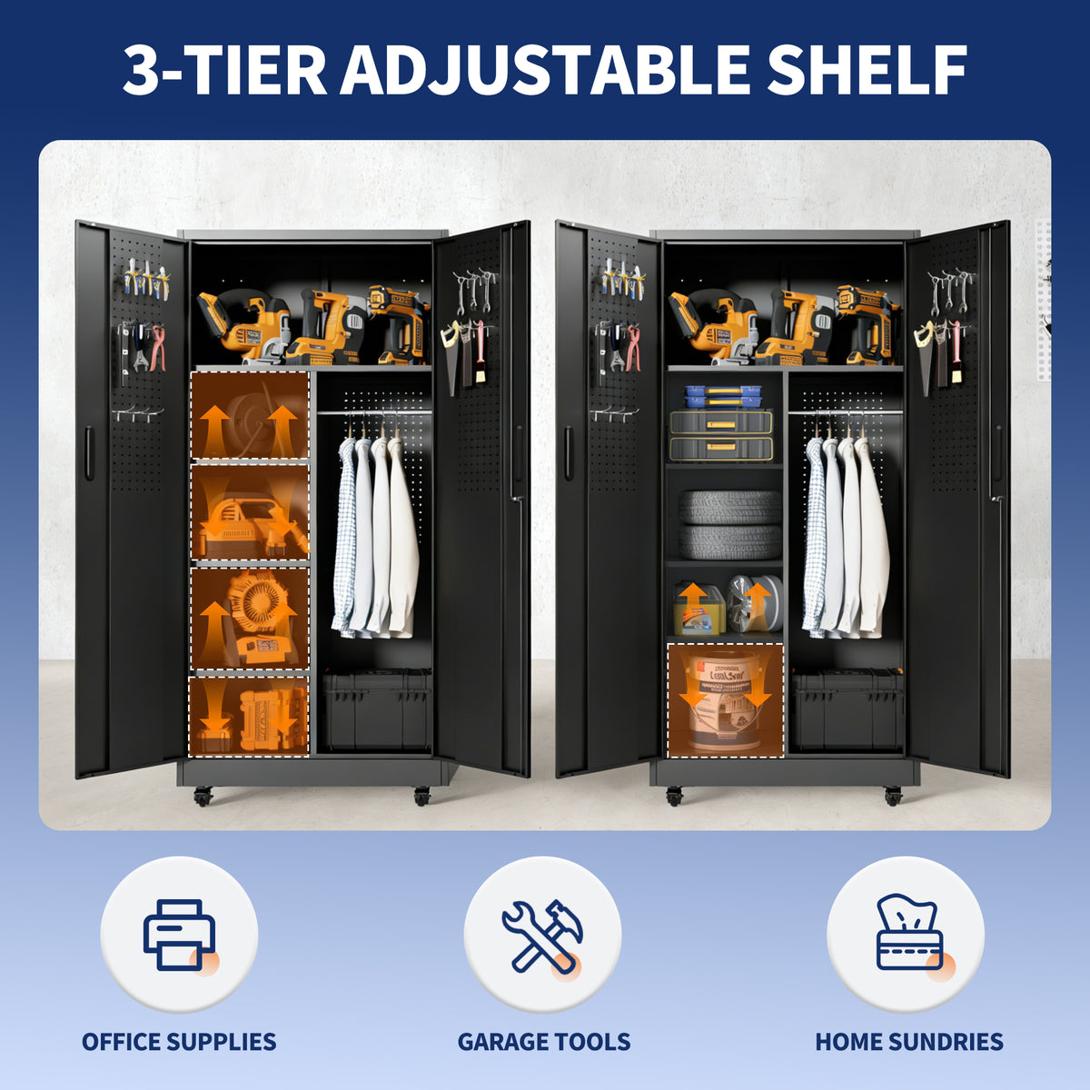 KAER Metal Garage Storage with Pegboard Doors, Hanging Rod & Wheels