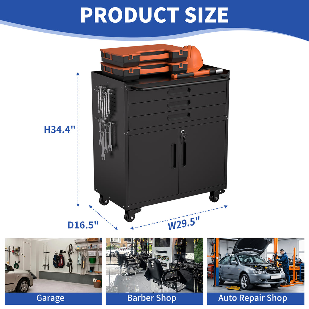 KAER Rolling Tool Cabinet with 3 Drawers, Lockable Doors & Pegboard Sides