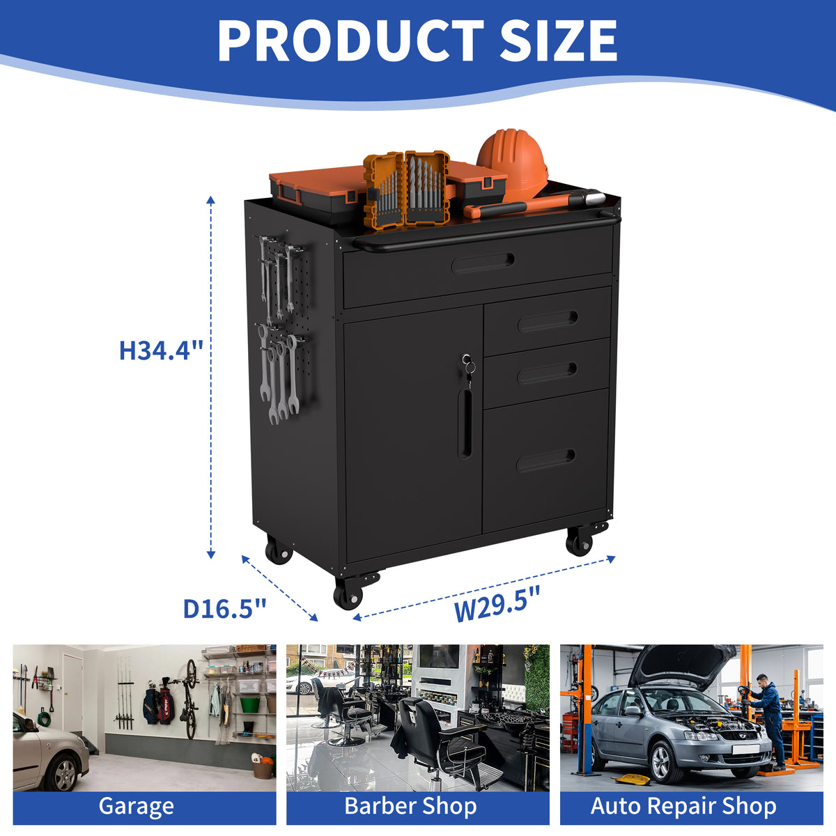 KAER Rolling Tool Cabinet with 4 Drawers, Lockable Cabinet & Pegboard Side
