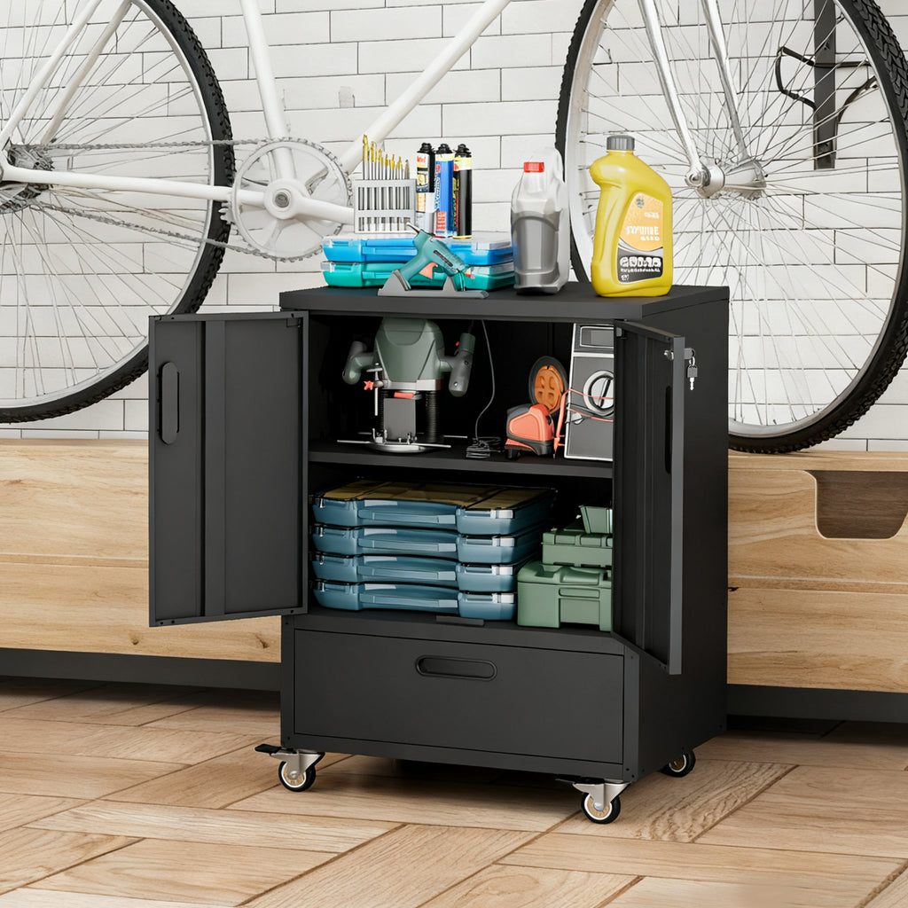 KAER Rolling Metal Garage Storage Cabinet with Drawer & Lockable Doors