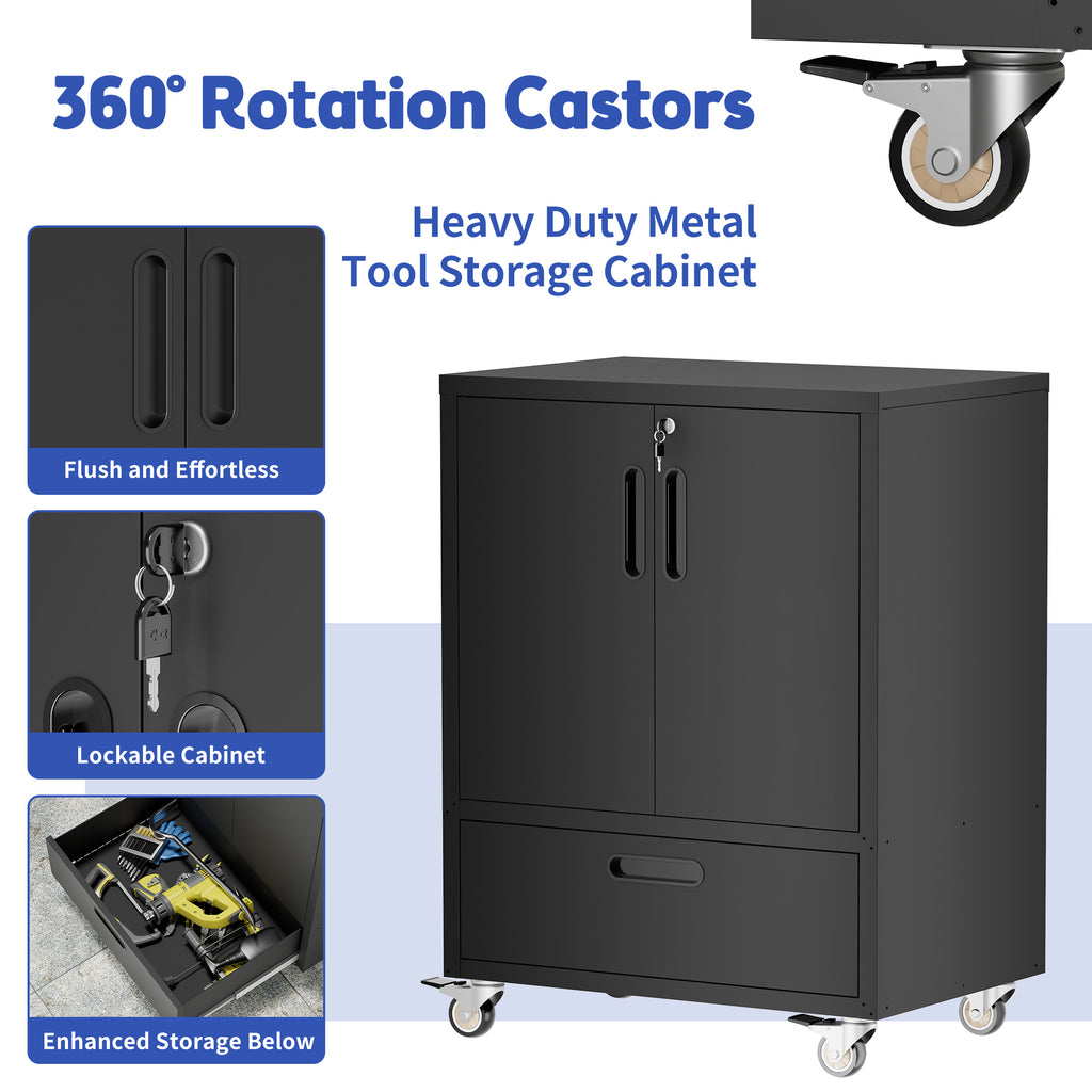 KAER Rolling Metal Garage Storage Cabinet with Drawer & Lockable Doors