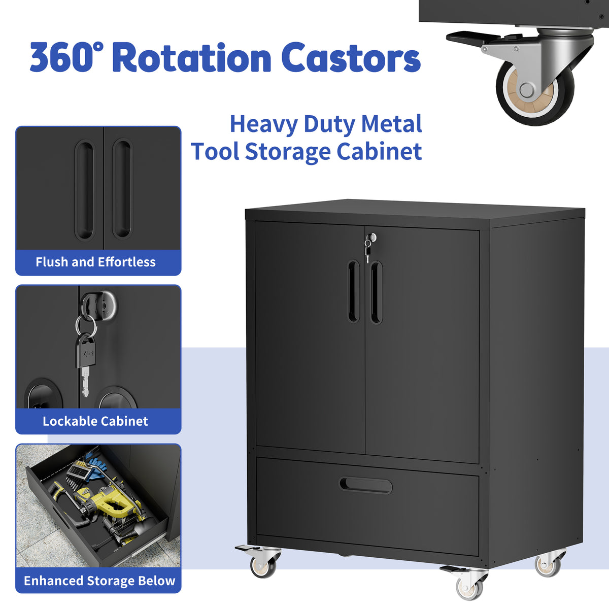 KAER Rolling Metal Garage Storage Cabinet with Drawer & Lockable Doors