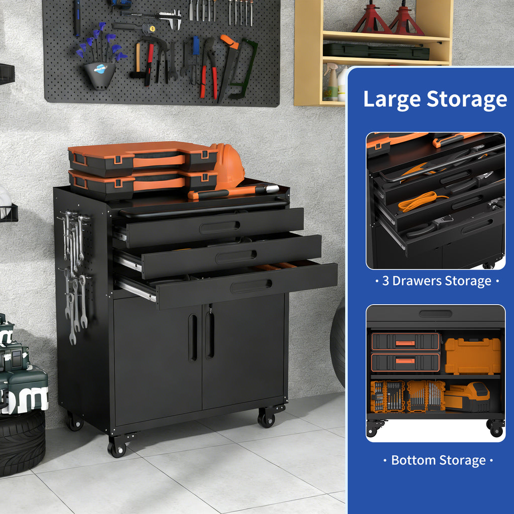 KAER Rolling Tool Cabinet with 3 Drawers, Lockable Doors & Pegboard Sides