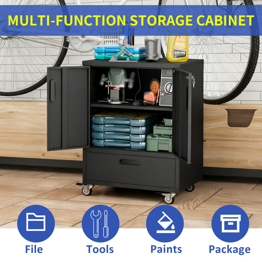 KAER Rolling Metal Garage Storage Cabinet with Drawer & Lockable Doors
