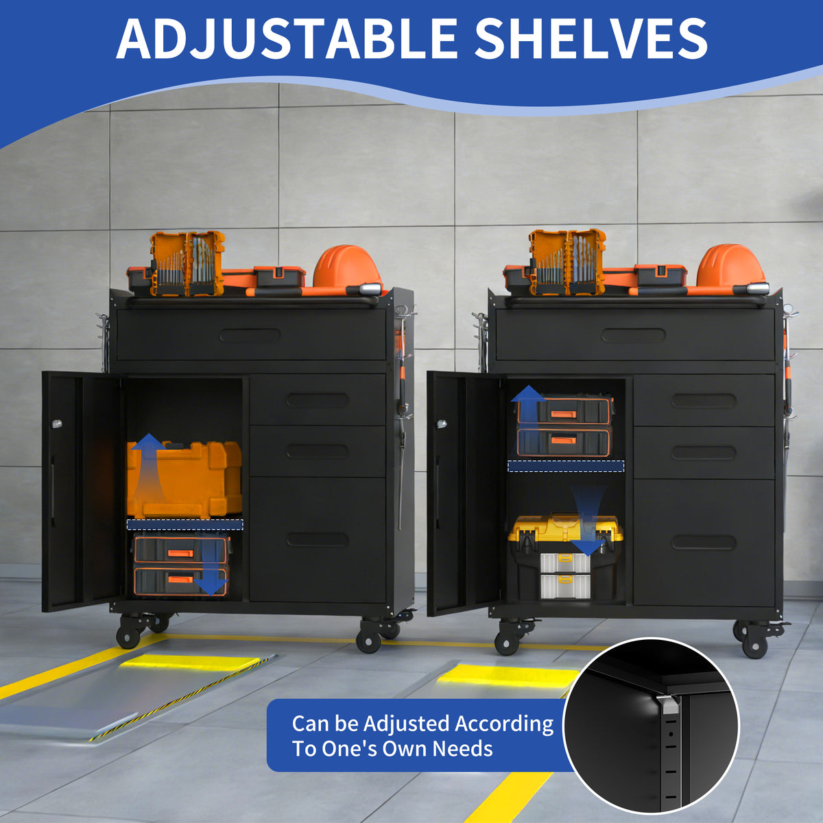 KAER Rolling Tool Cabinet with 4 Drawers, Lockable Cabinet & Pegboard Side