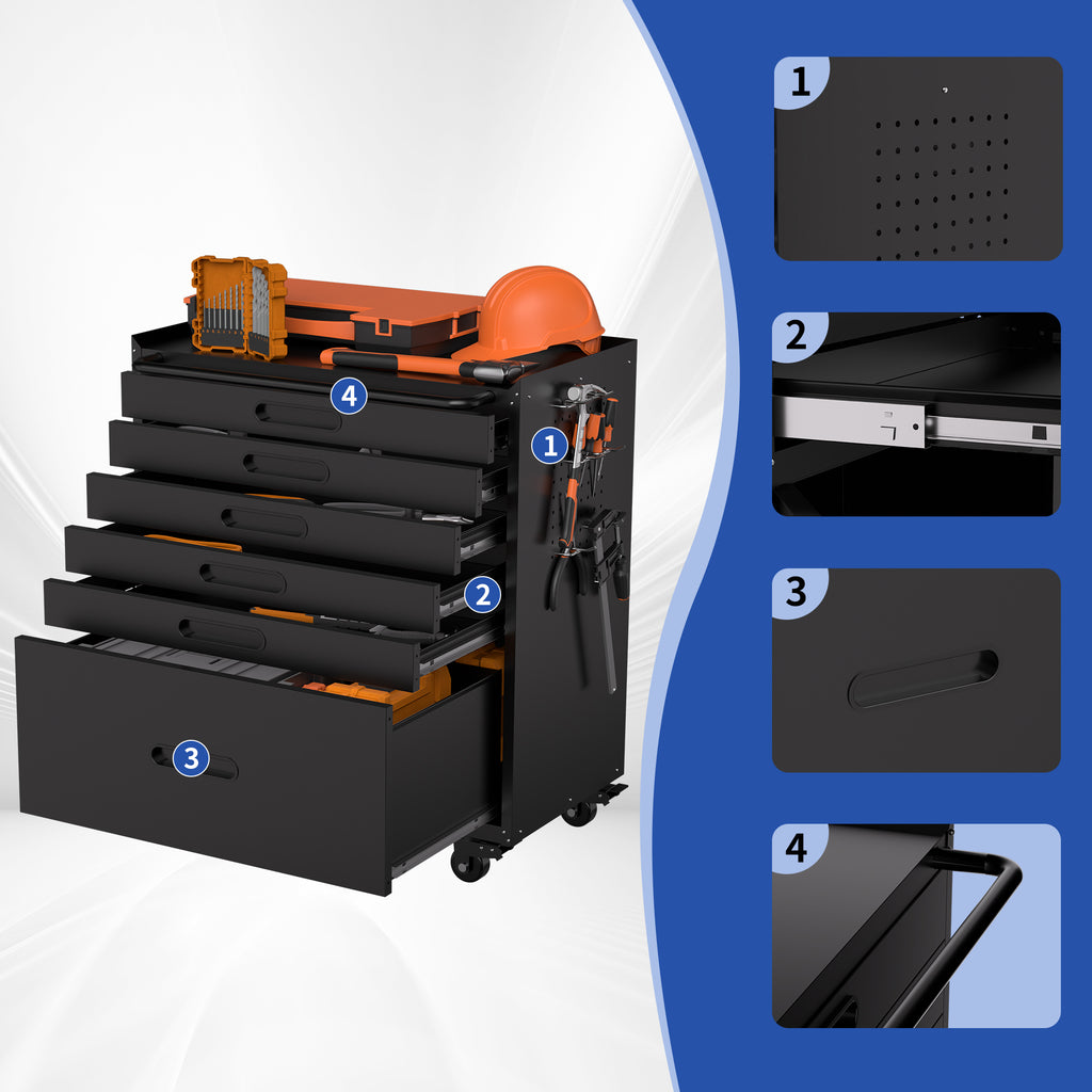 KAER 6-Drawer Rolling Tool Chest with Pegboard Sides