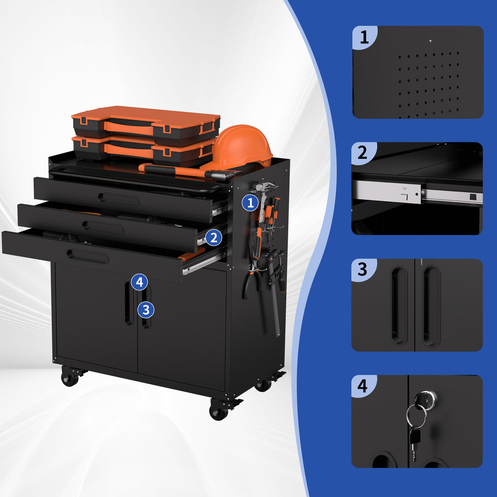 KAER Rolling Tool Cabinet with 3 Drawers, Lockable Doors & Pegboard Sides
