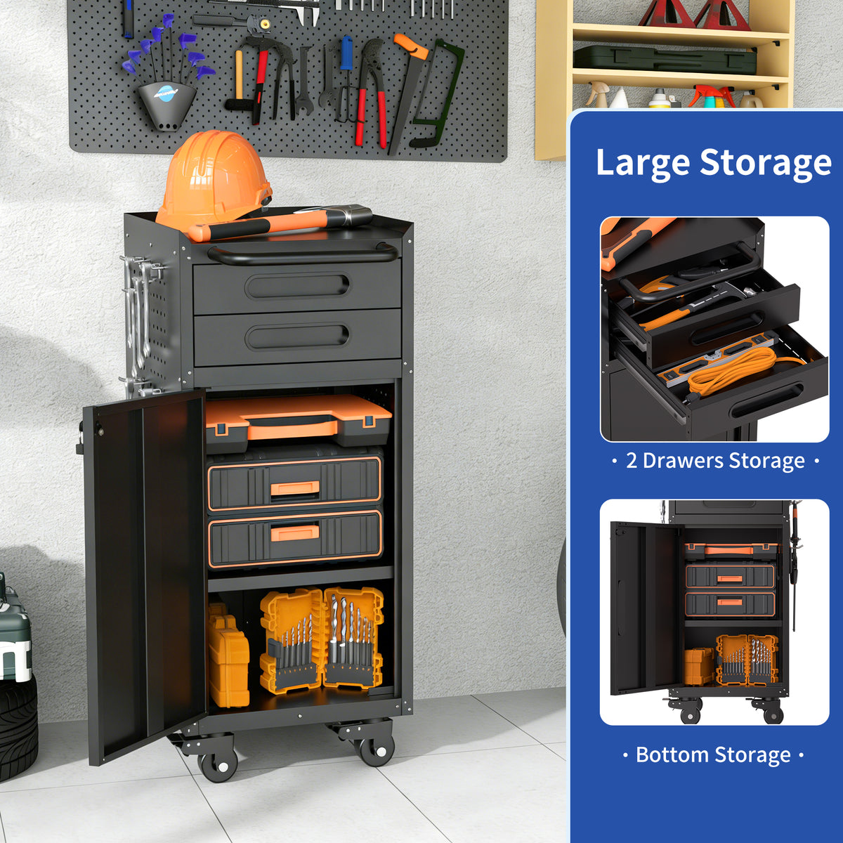 KAER Rolling Tool Cabinet with 2 Drawers & Lockable Storage Door