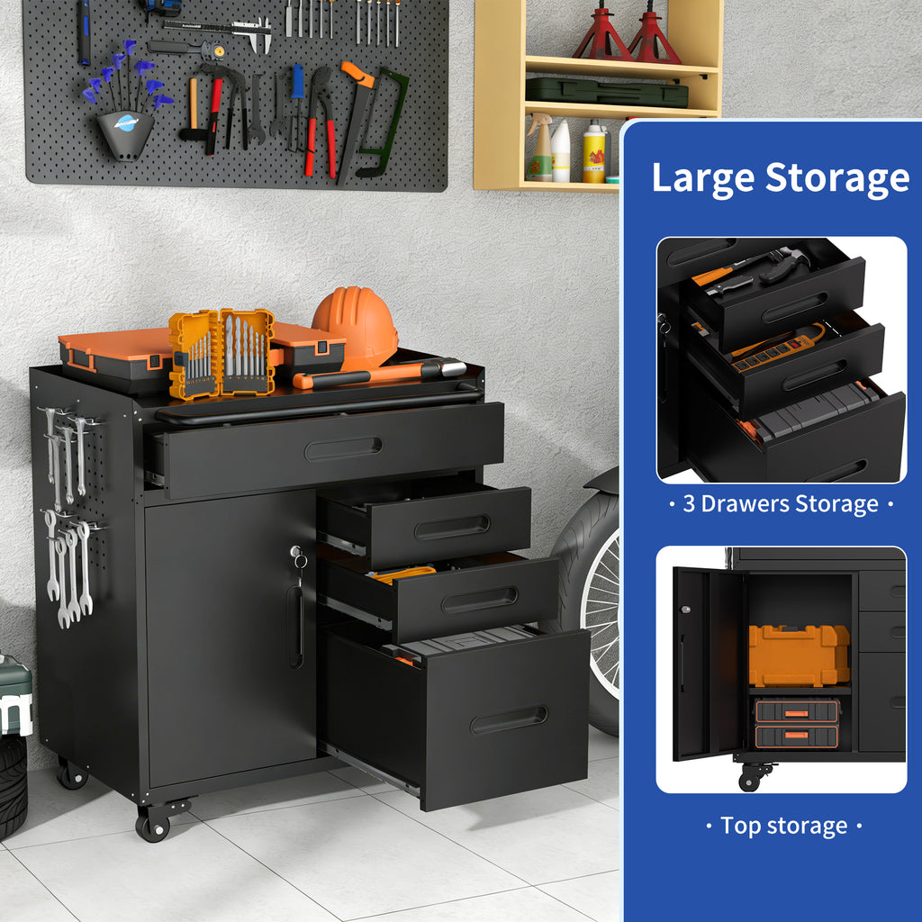 KAER Rolling Tool Cabinet with 4 Drawers, Lockable Cabinet & Pegboard Side