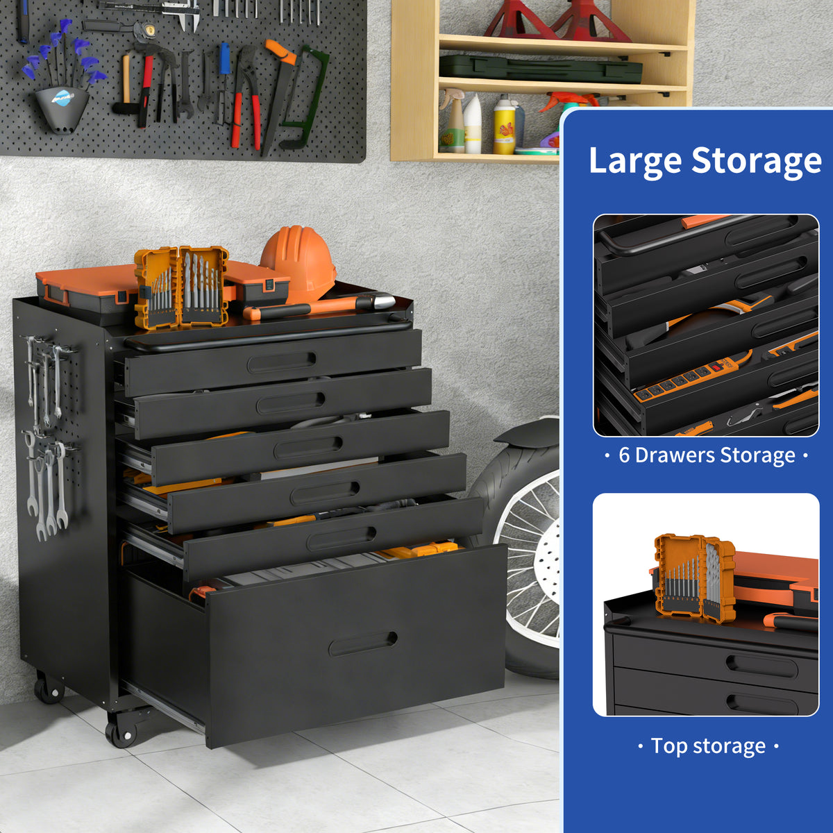 KAER 6-Drawer Rolling Tool Chest with Pegboard Sides