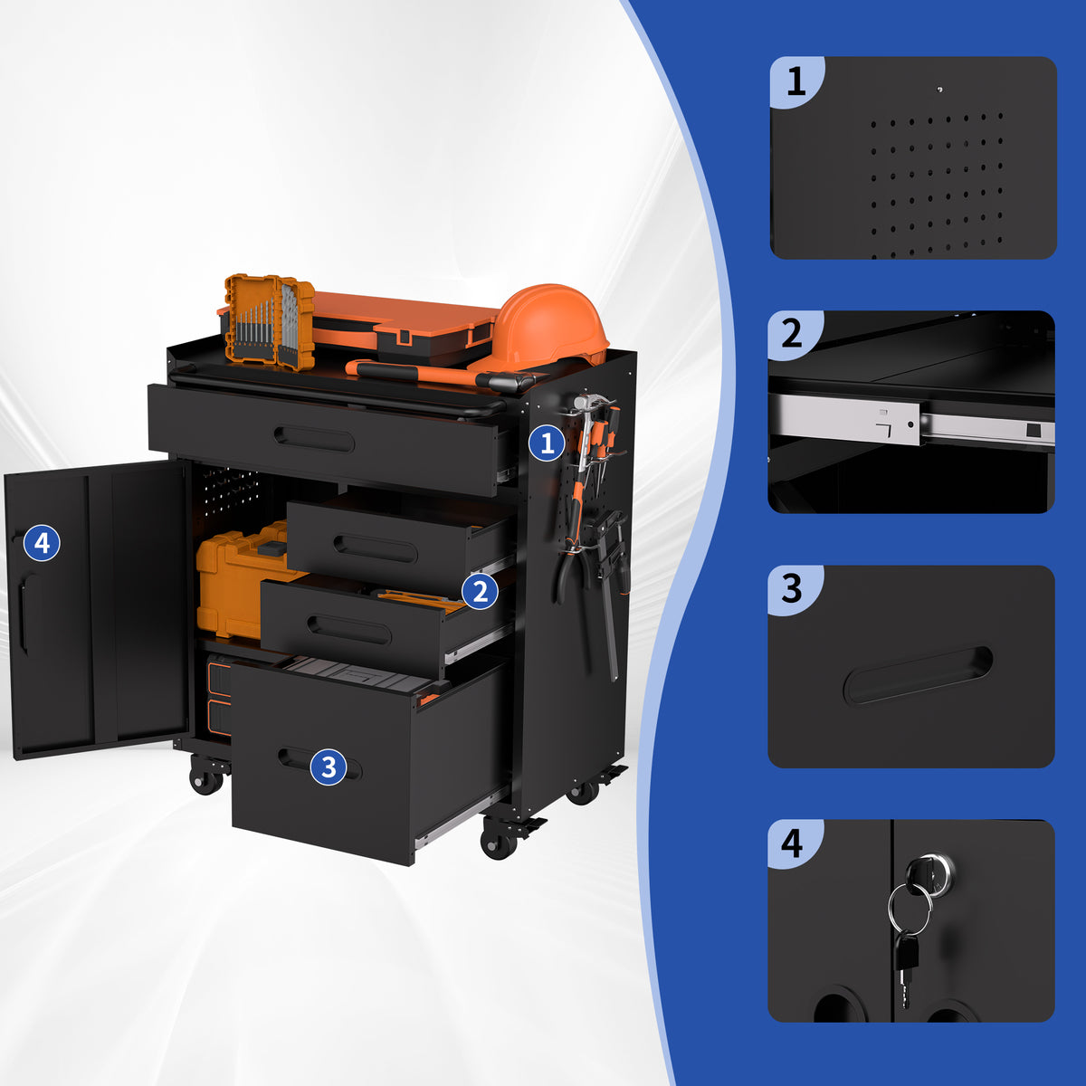 KAER Rolling Tool Cabinet with 4 Drawers, Lockable Cabinet & Pegboard Side