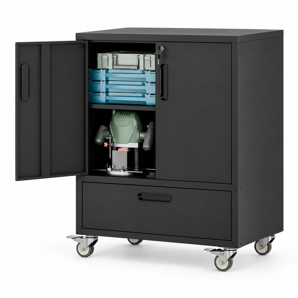 KAER Rolling Metal Garage Storage Cabinet with Drawer & Lockable Doors