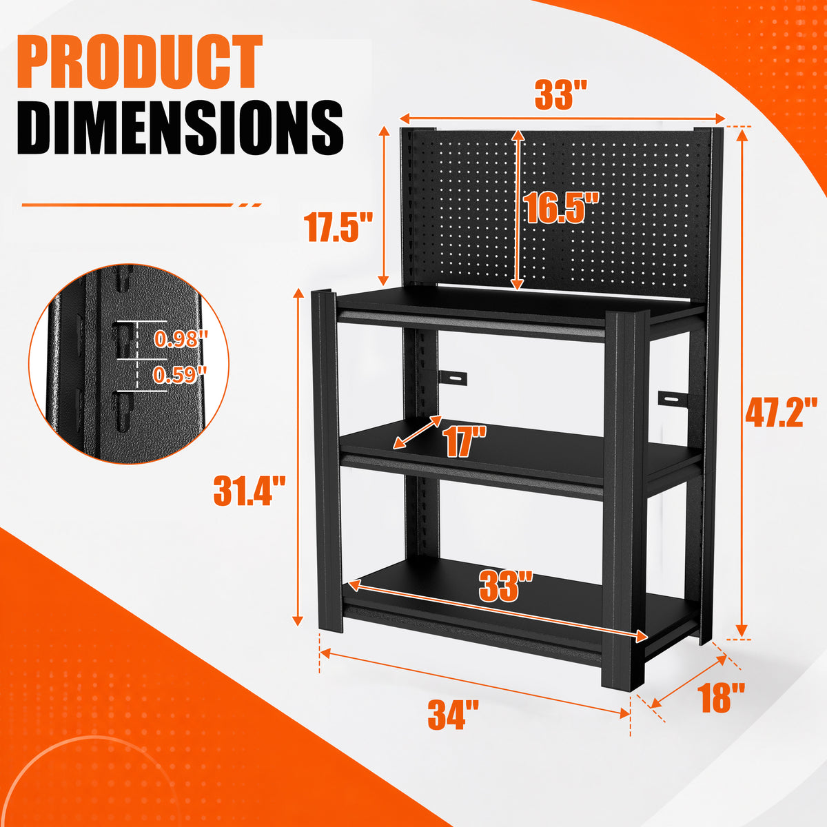 KAER 3‑Tier Metal Storage Shelving Unit with Pegboard