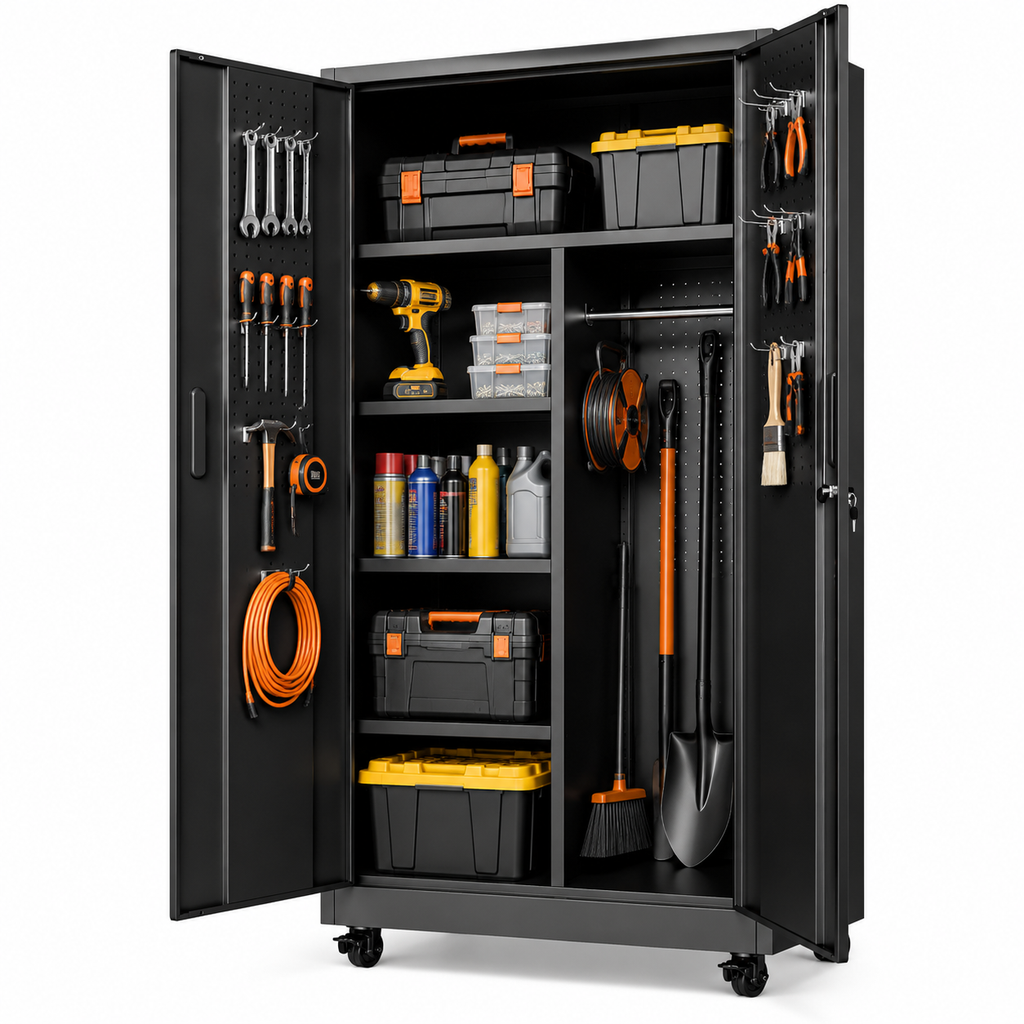 KAER Metal Garage Storage with Pegboard Doors, Hanging Rod & Wheels