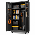 KAER Metal Garage Storage with Pegboard Doors, Hanging Rod & Wheels